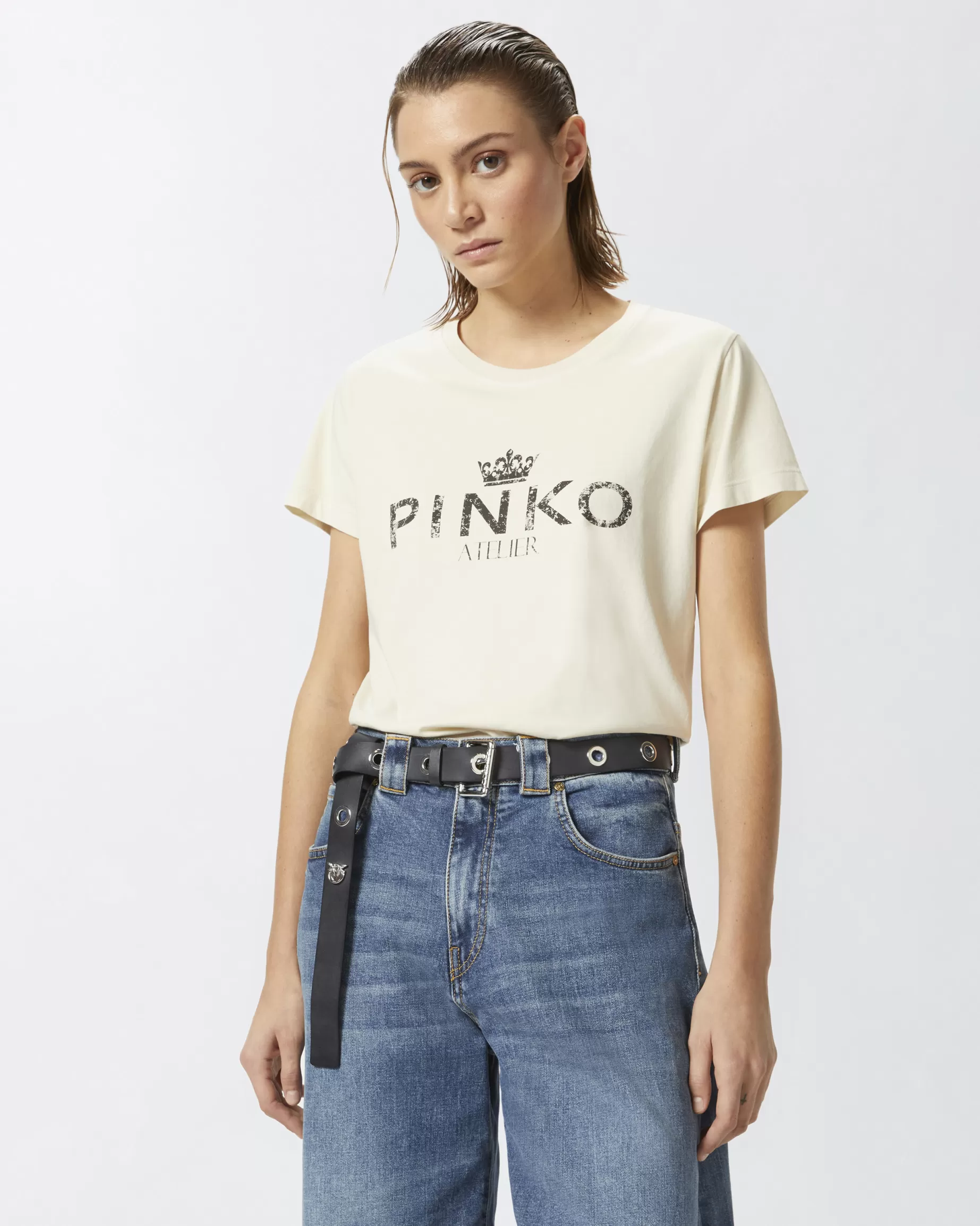 PINKO T-Shirty | Bawełniany t-shirt z nadrukiem Atelier MGLISTYBEŻ