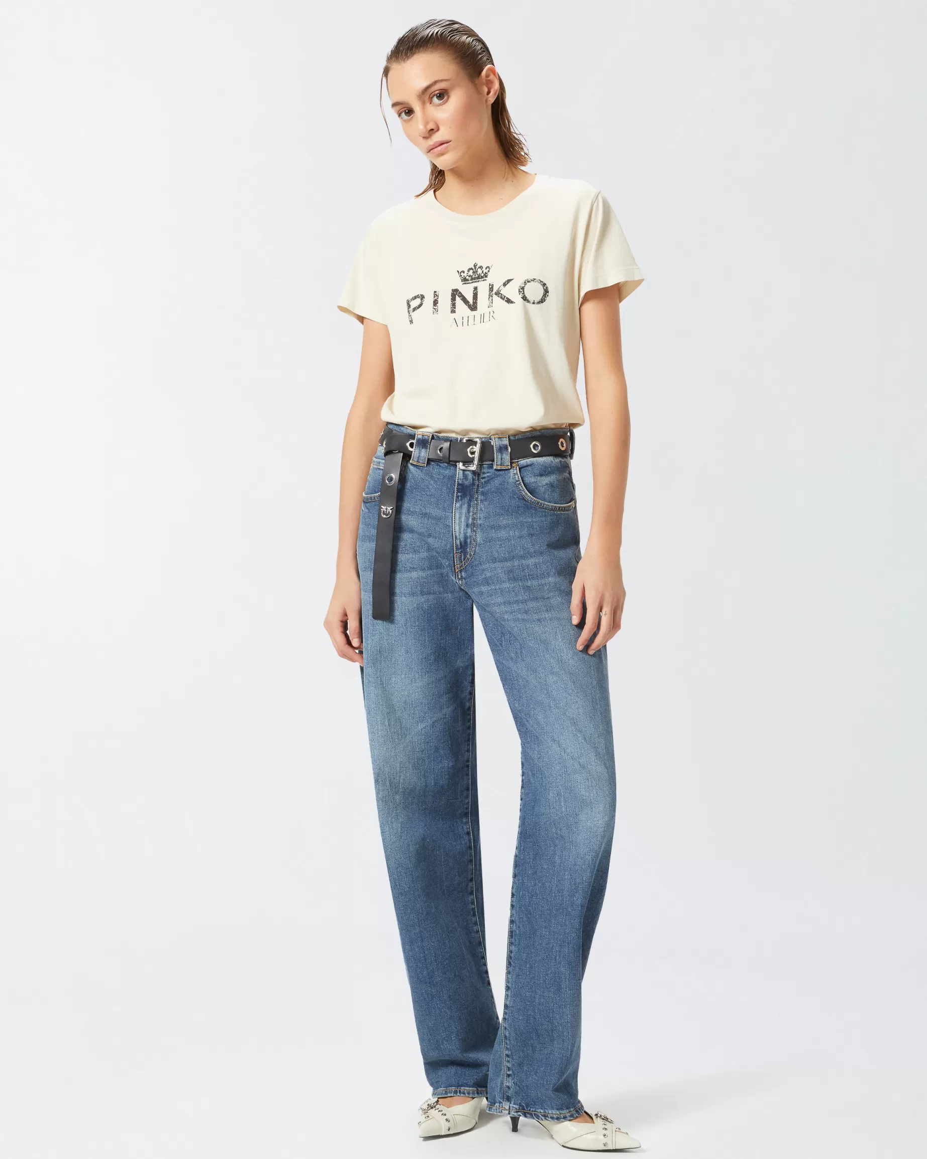 PINKO T-Shirty | Bawełniany t-shirt z nadrukiem Atelier MGLISTYBEŻ