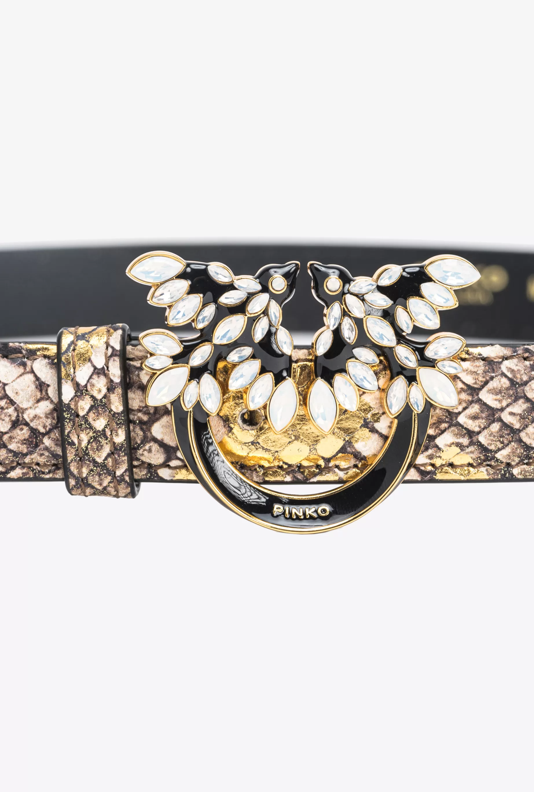 PINKO Limited Edition | Paski | Cienki pasek 2 cm z klamrą Love Birds laminowany wąż Galleria ZŁOTY/SZARY-ZŁOTY