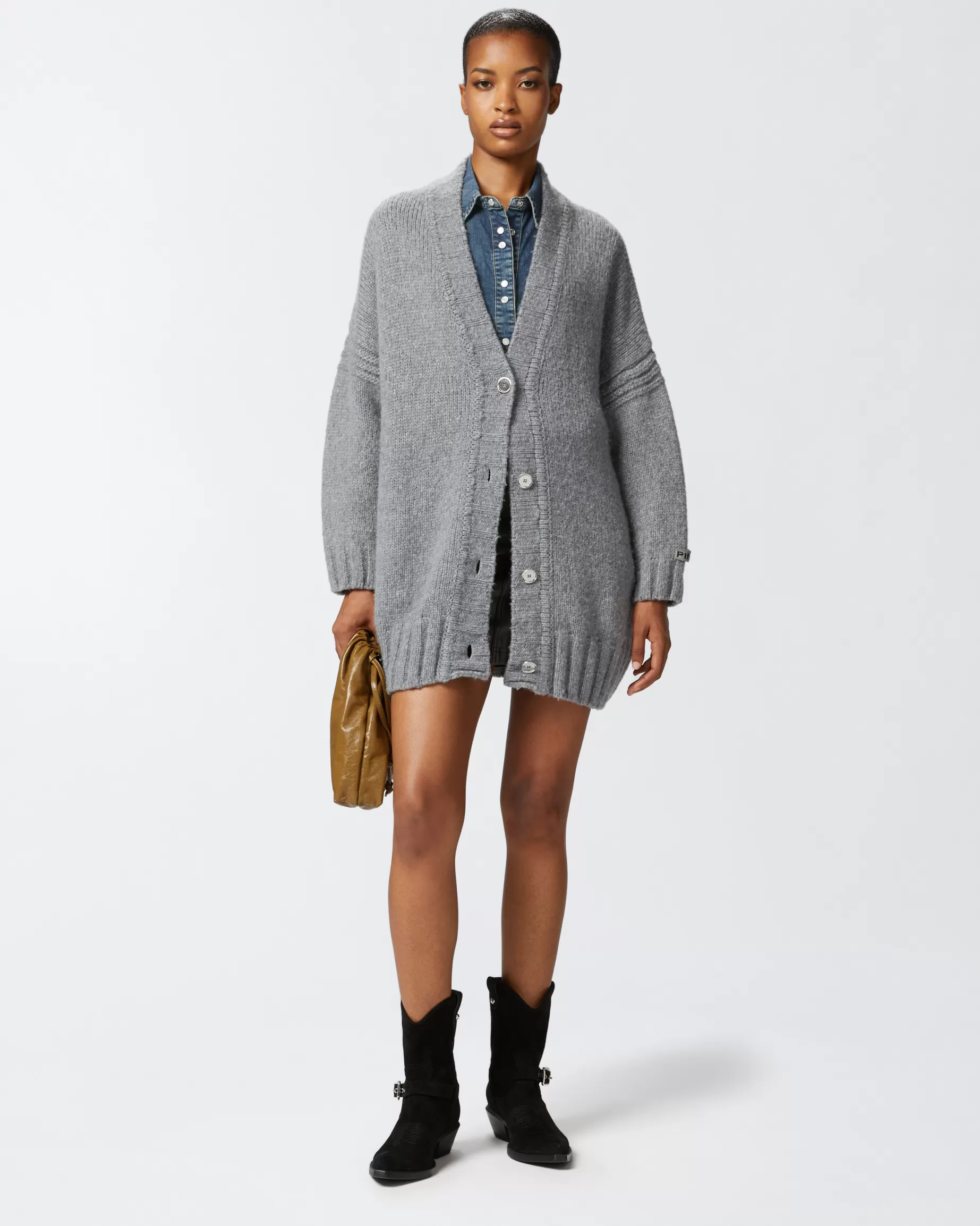 PINKO Swetry | Kardigany | Kardigan oversize z dekoltem w szpic i guzikami METALIZOWANYSREBRNY