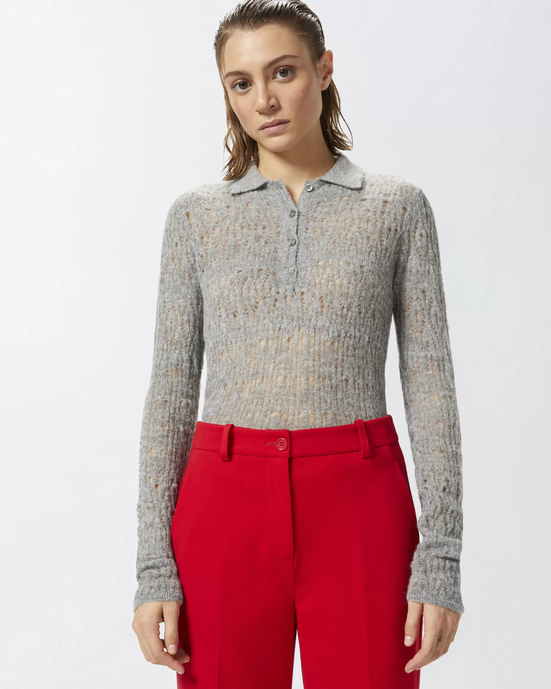 PINKO Swetry | Lace effect long-sleeved polo shirt SZARYSZRON