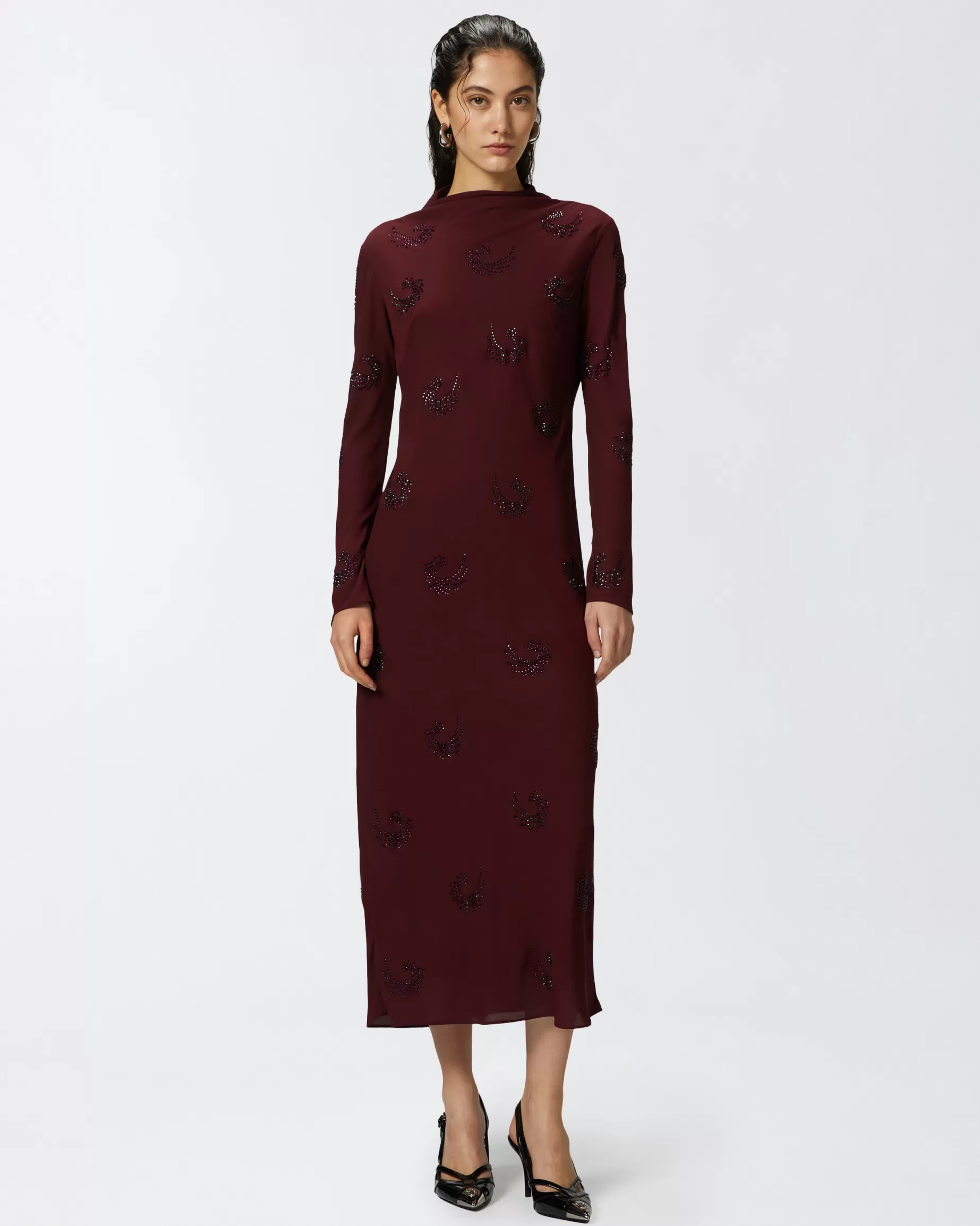 PINKO Długie Sukienki | Long high-neck dress with rhinestone swirls SILNYFIOLET