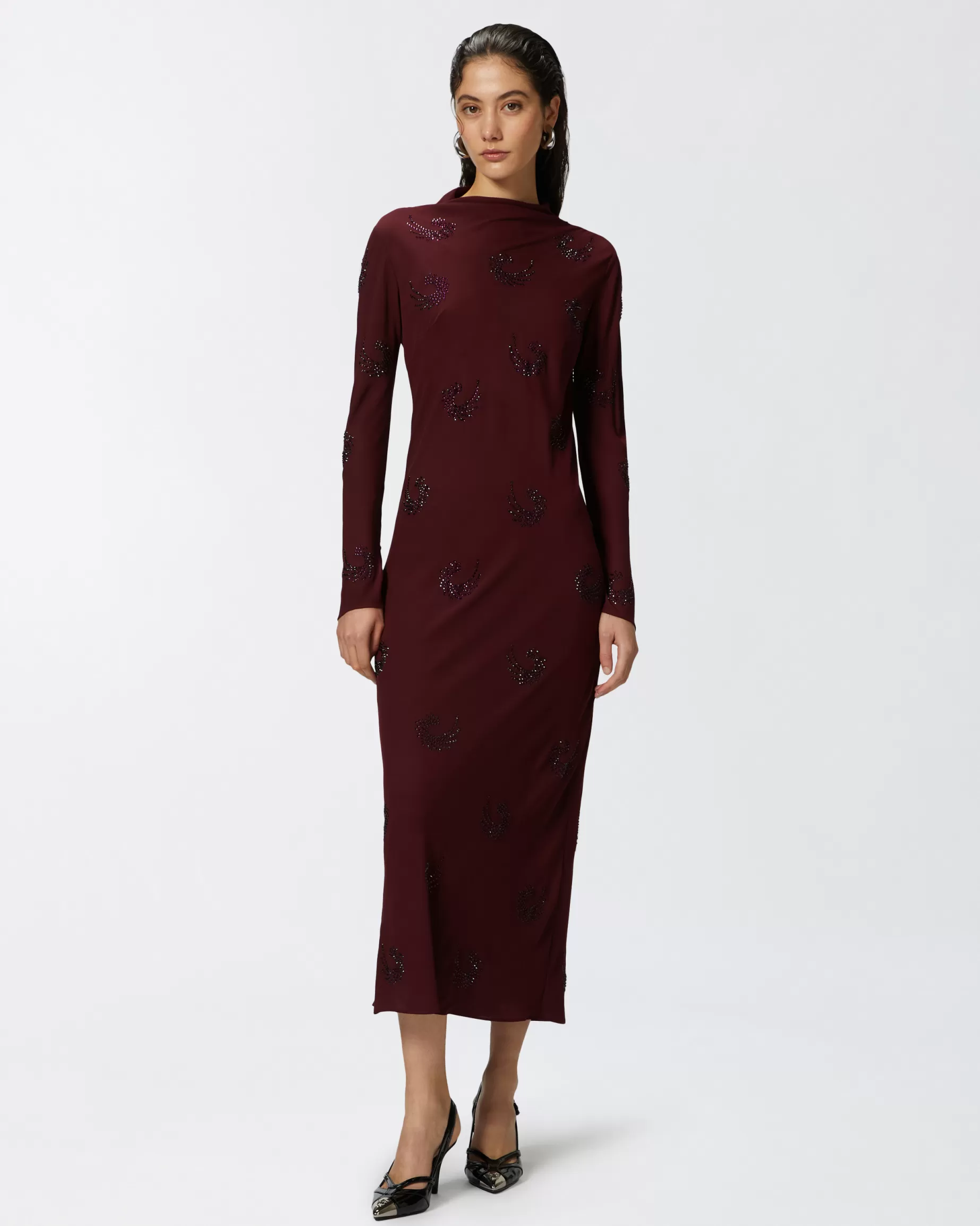 PINKO Długie Sukienki | Long high-neck dress with rhinestone swirls SILNYFIOLET