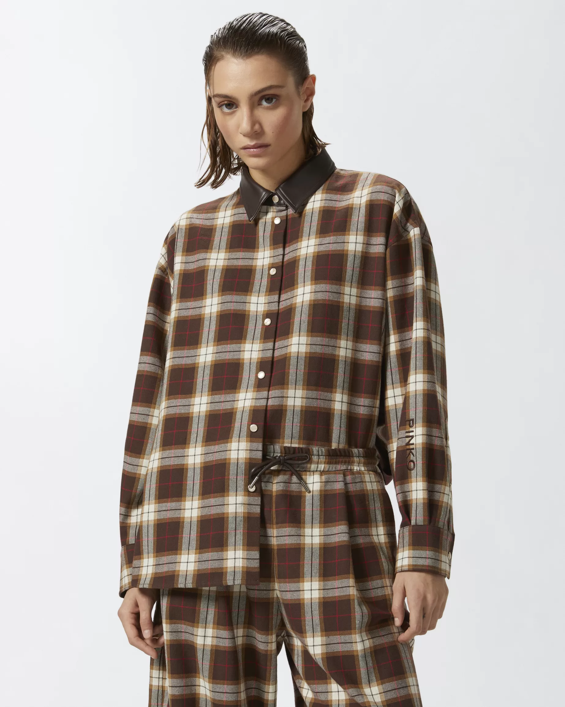 PINKO Kamizelki, Płaszcze, Trencze | Koszule | Plaid shirt jacket WIELOKOLOROWYBRĄZOWY/CZERWONY