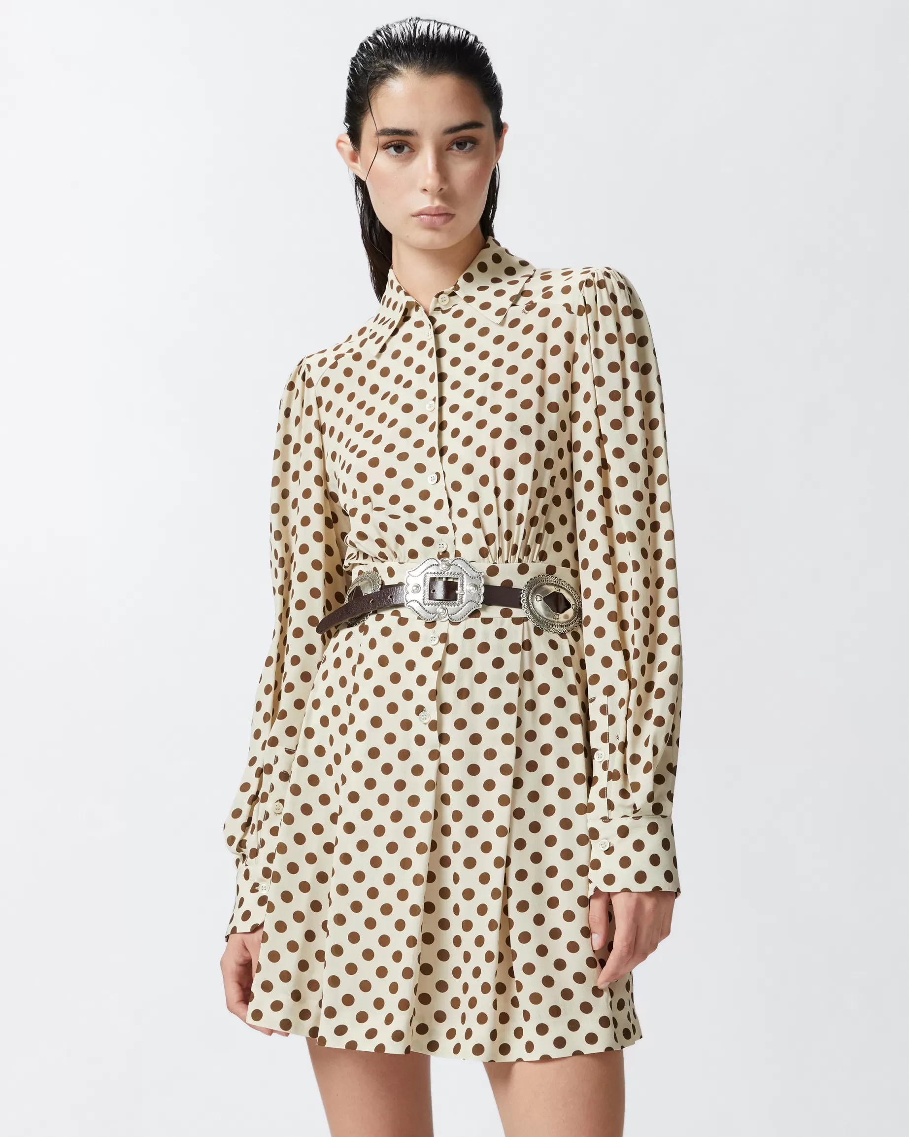 PINKO Krótkie Sukienki | Polka dot shirt dress BEŻOWY/BRĄZOWY