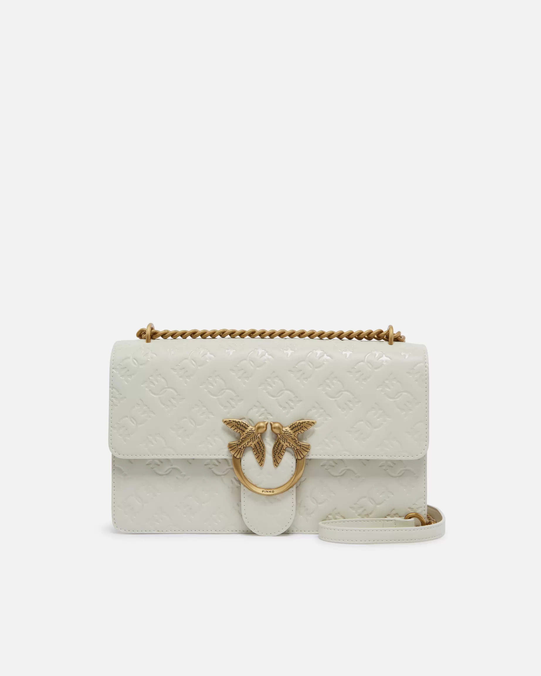 PINKO Nowości | Torebki Przewieszane Przez Ramię | Torebka Love Bag na pasku ze skóry z logo BIAŁY+BIAŁY-ANTIQUEGOLD