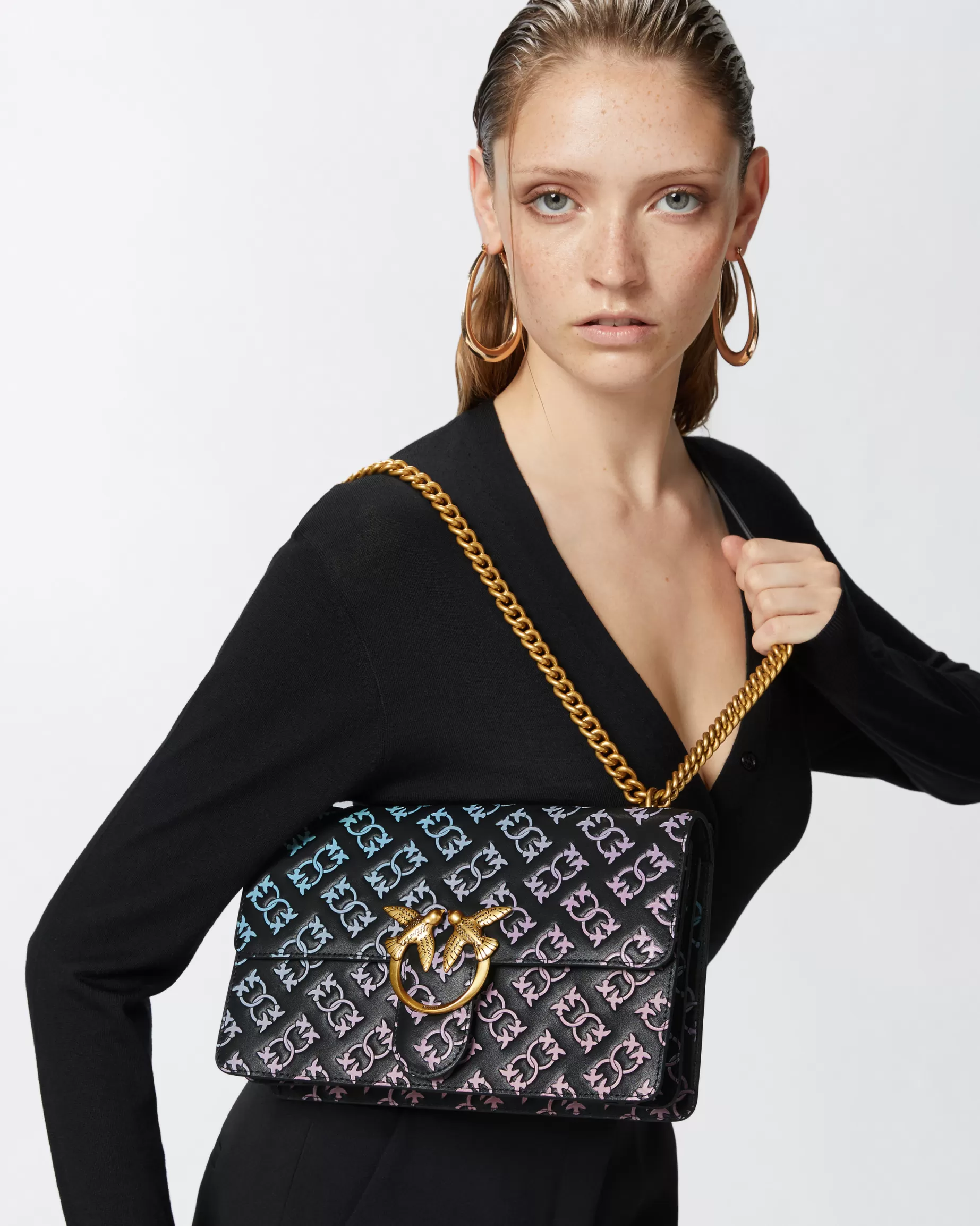 PINKO Torebki Przewieszane Przez Ramię | Torebki Na Ramię | Torebka na pasku z kolorowym wytłaczanym logo Love Bag CZARNY/WIELOKOLOROWY-STAREZŁOTO