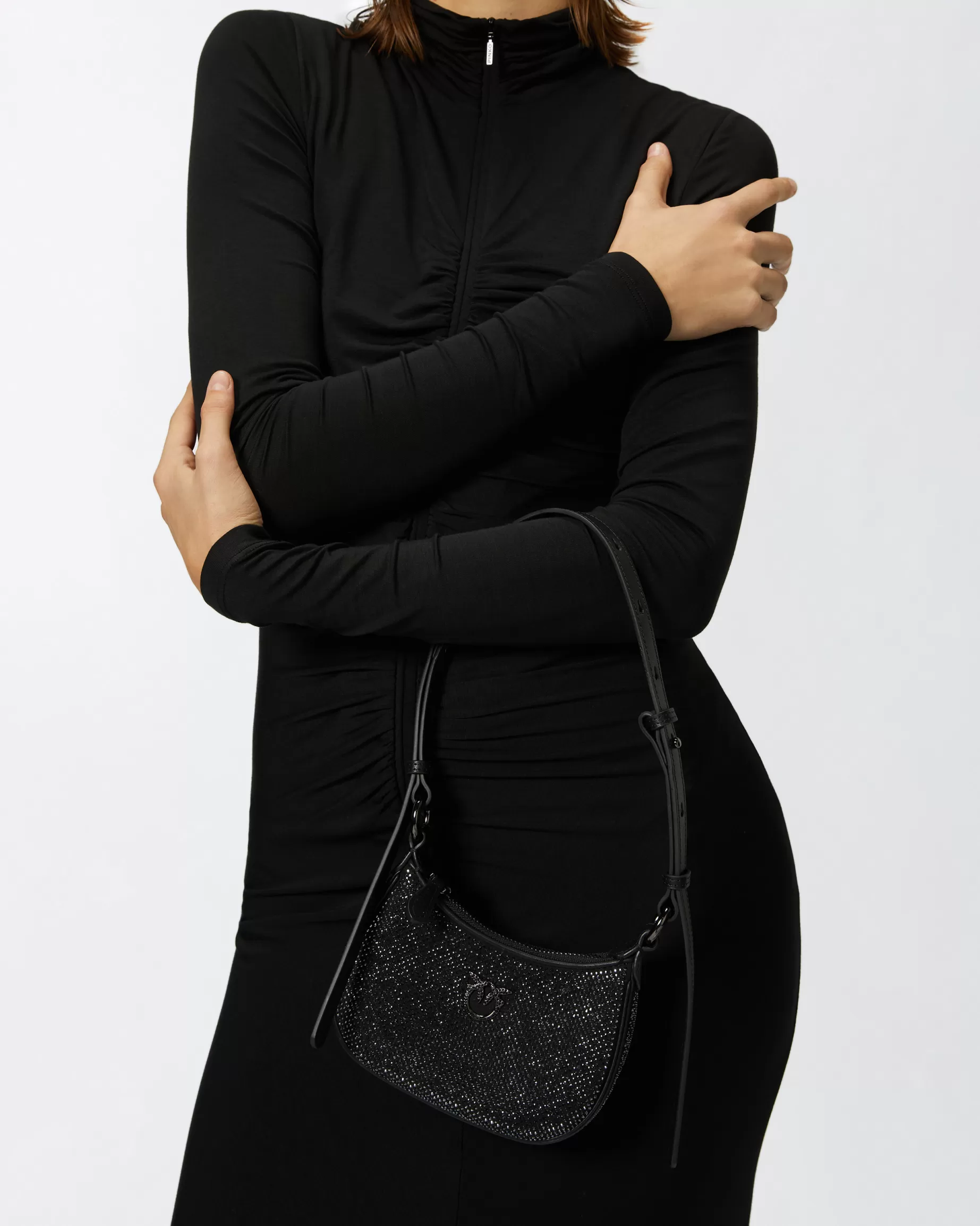 PINKO Torebki Na Ramię | Mini Bags | Torebka na ramię Baby Half Moon Bag z kryształkami LIMUZYNOWACZERŃ-CIEMNASTAL