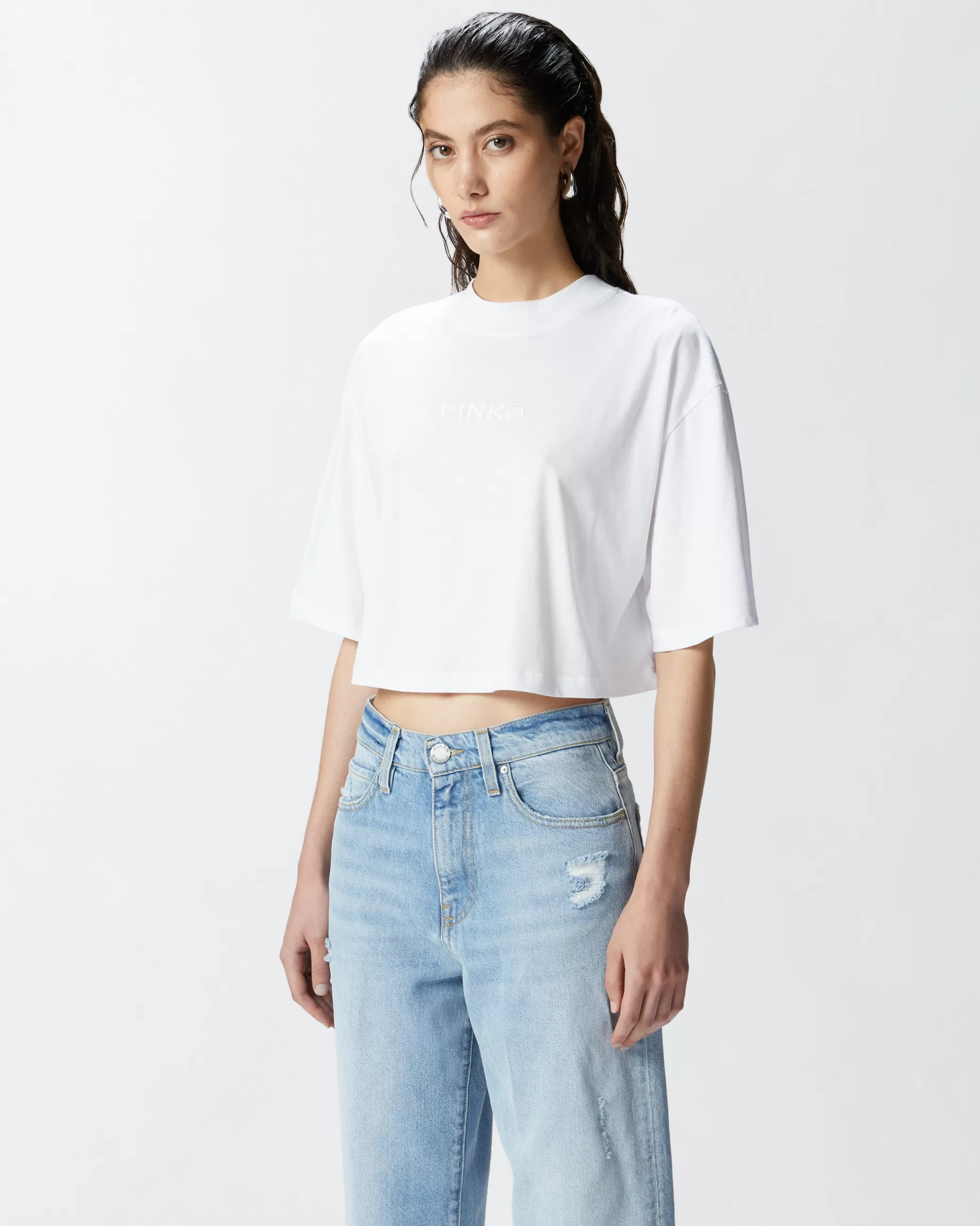 PINKO T-Shirty | T-shirt cropped z haftowanym logo JASKRAWABIEL