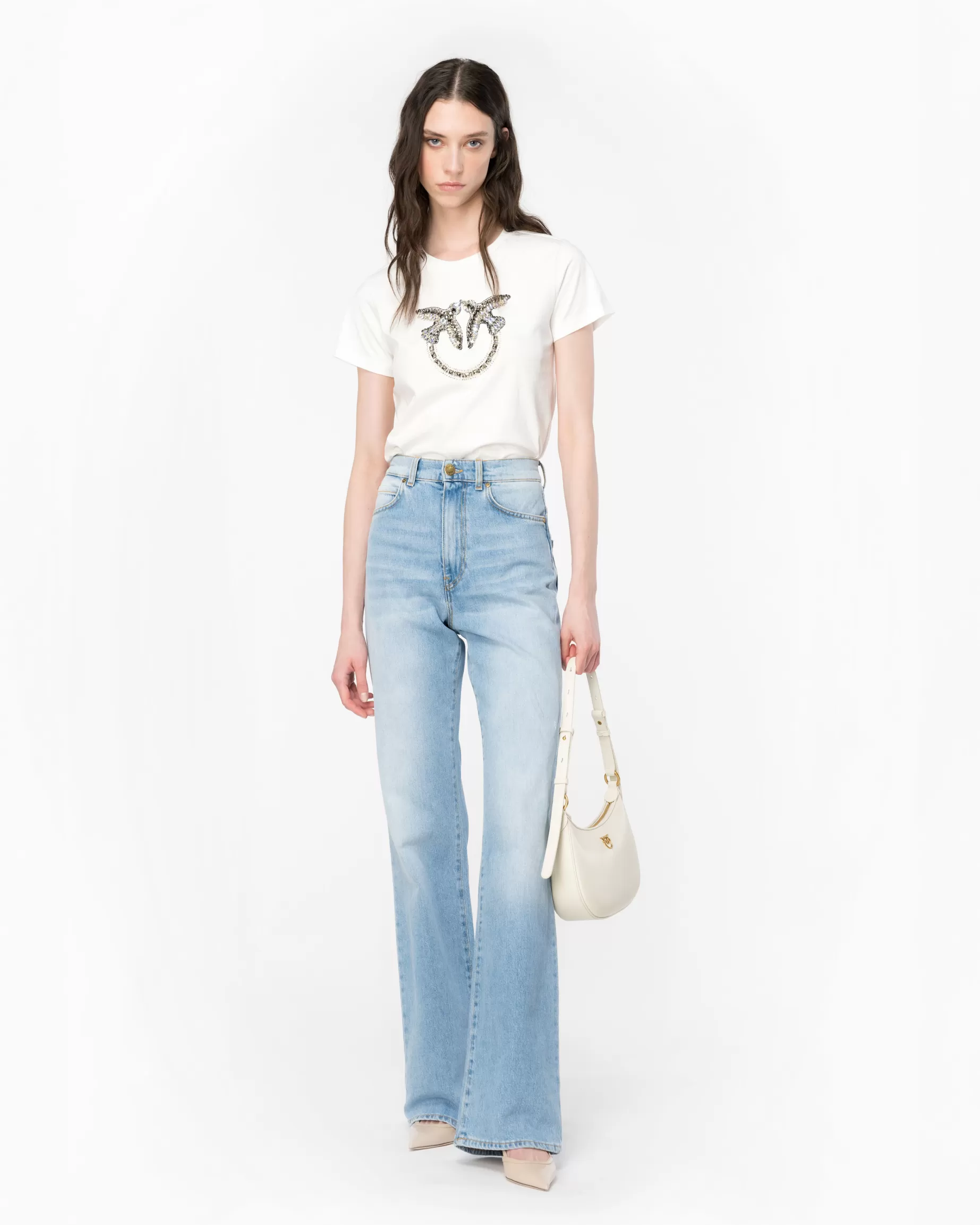 PINKO T-Shirty | T-shirt z haftem Love Birds BIAŁYOBŁOK