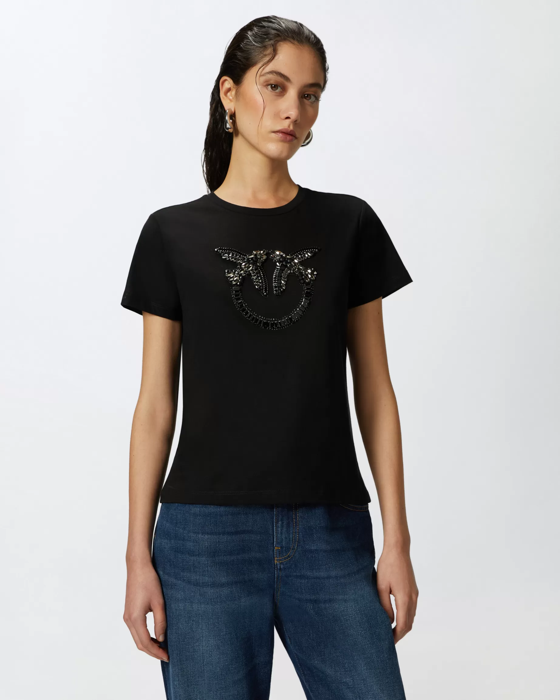 PINKO T-Shirty | T-shirt z haftowanym logo Love Birds Monogram LIMUZYNOWACZERŃ