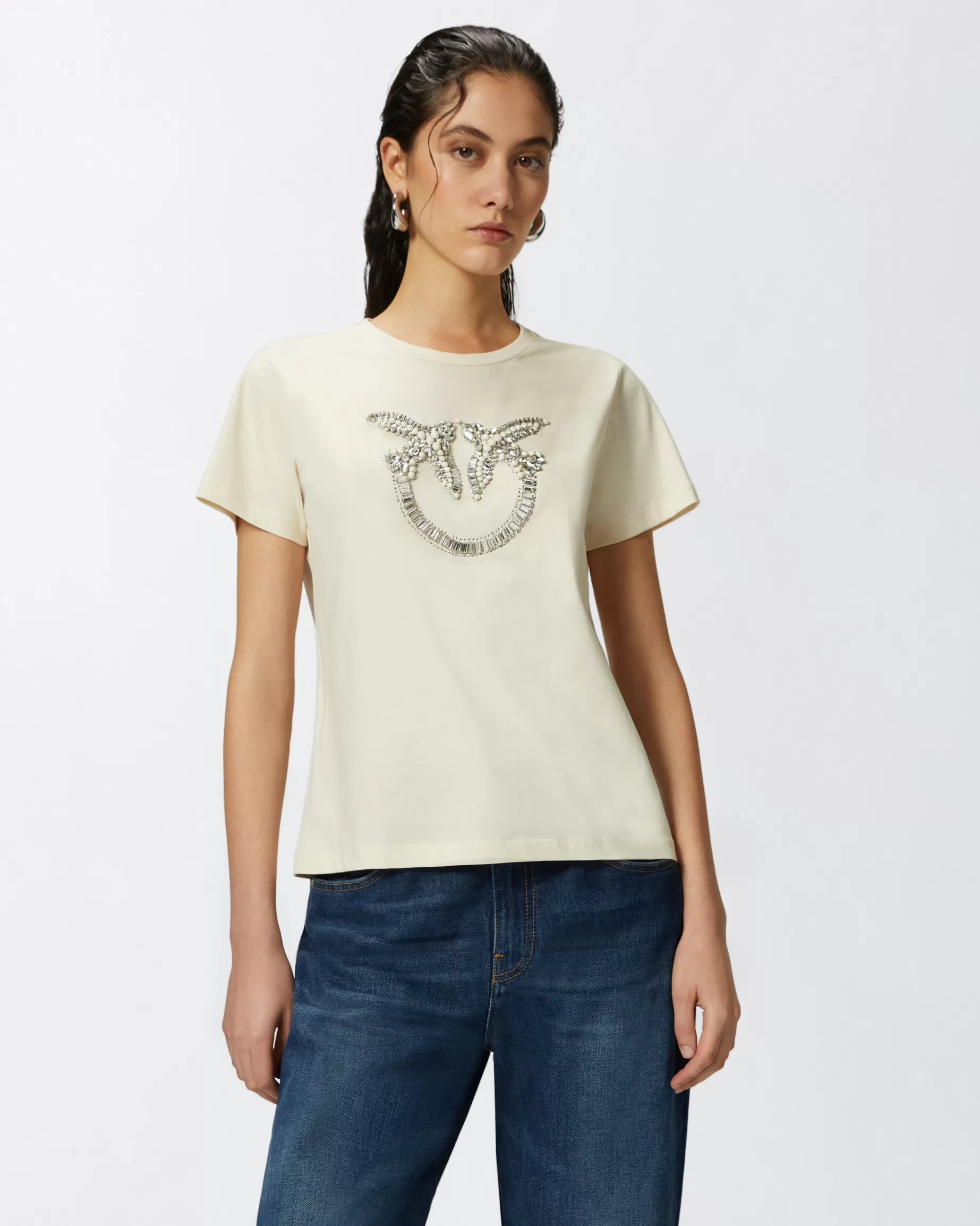 PINKO T-Shirty | T-shirt z haftowanym logo Love Birds Monogram MLECZNABIEL