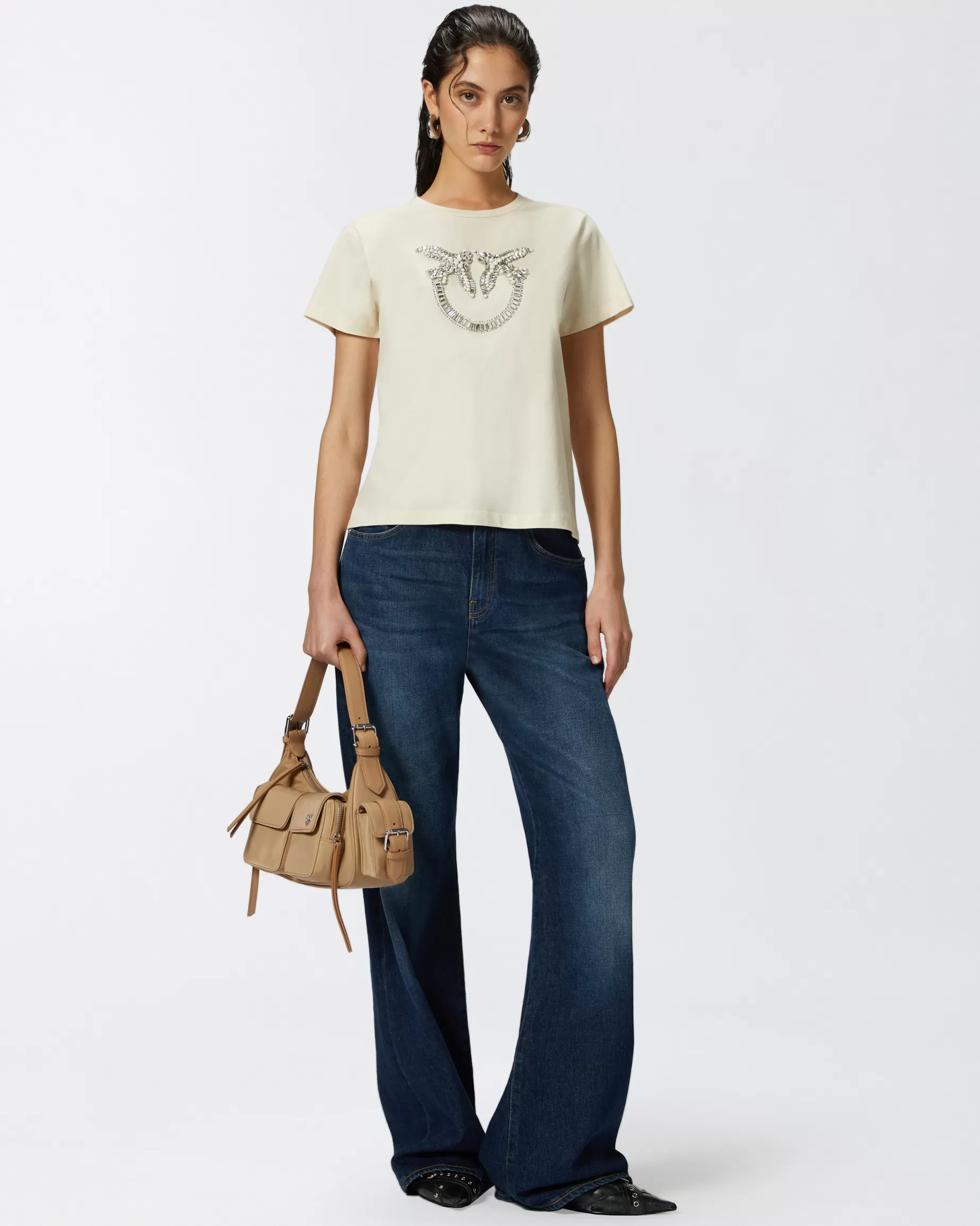 PINKO T-Shirty | T-shirt z haftowanym logo Love Birds Monogram MLECZNABIEL