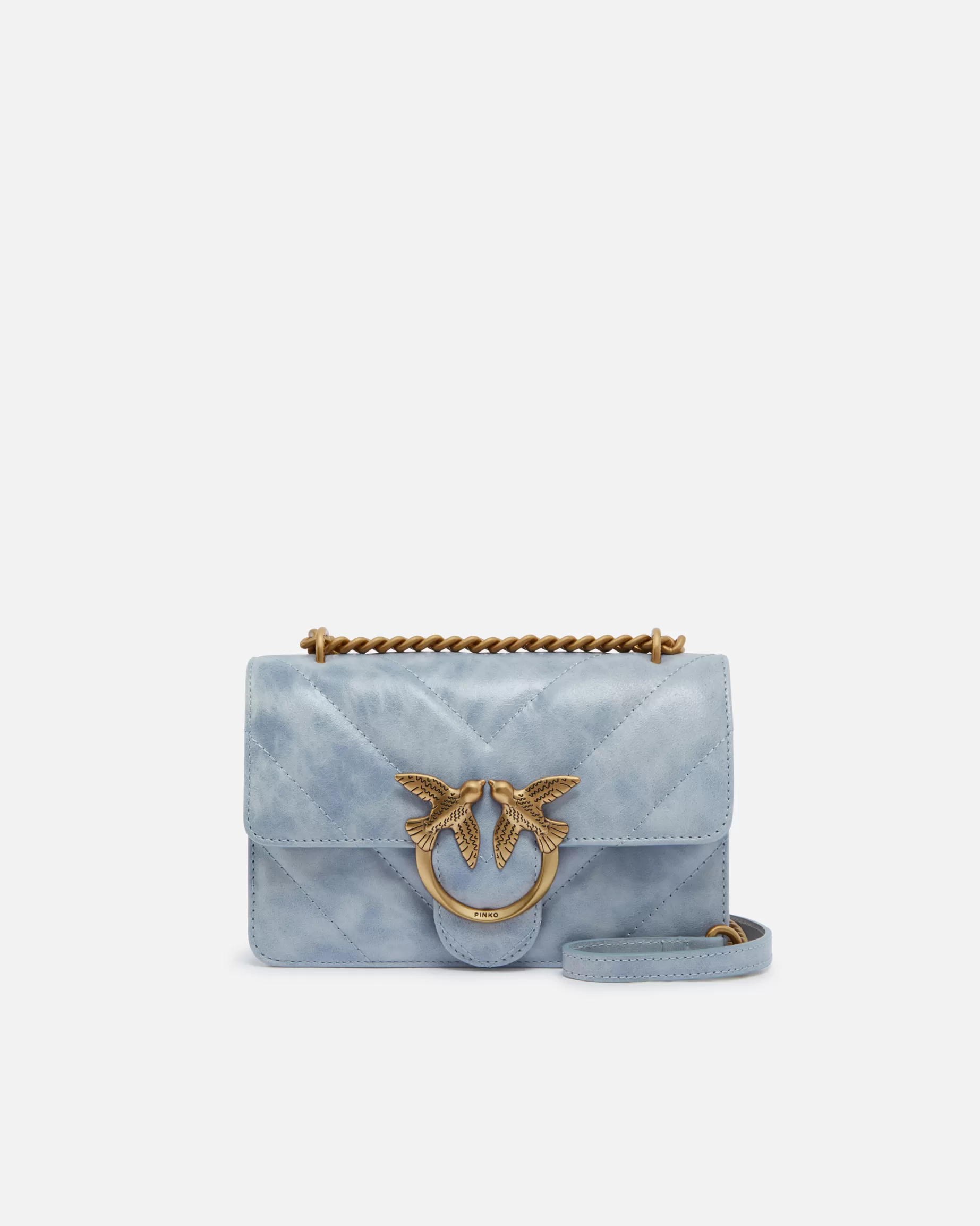 PINKO Nowości | Torebki Przewieszane Przez Ramię | Used-effect leather crossbody Love Bag mini LIGHTBLUE-ANTIQUEGOLD